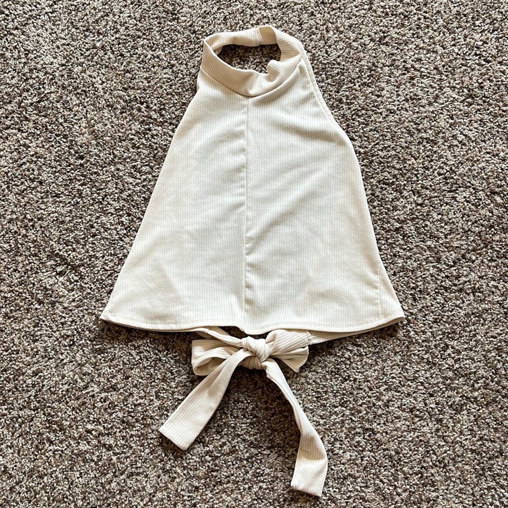 Cream Cropped Open Back Tie Halter Top: size M